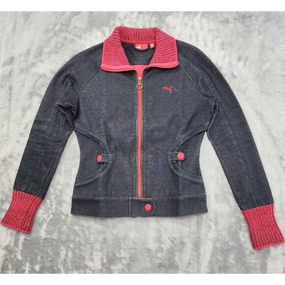 Vintage 90s Puma Full Zip Jacket Size S Gray Red Rib Knit Collar Cuffs Pockets - Picture 1 of 11